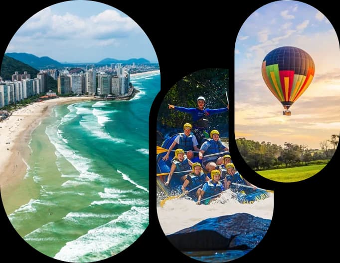 Praia do Guarujá, São Paulo, grupo praticando Rafting em Brotas, São Paulo e Balão colorido no céu sobre um pomar.